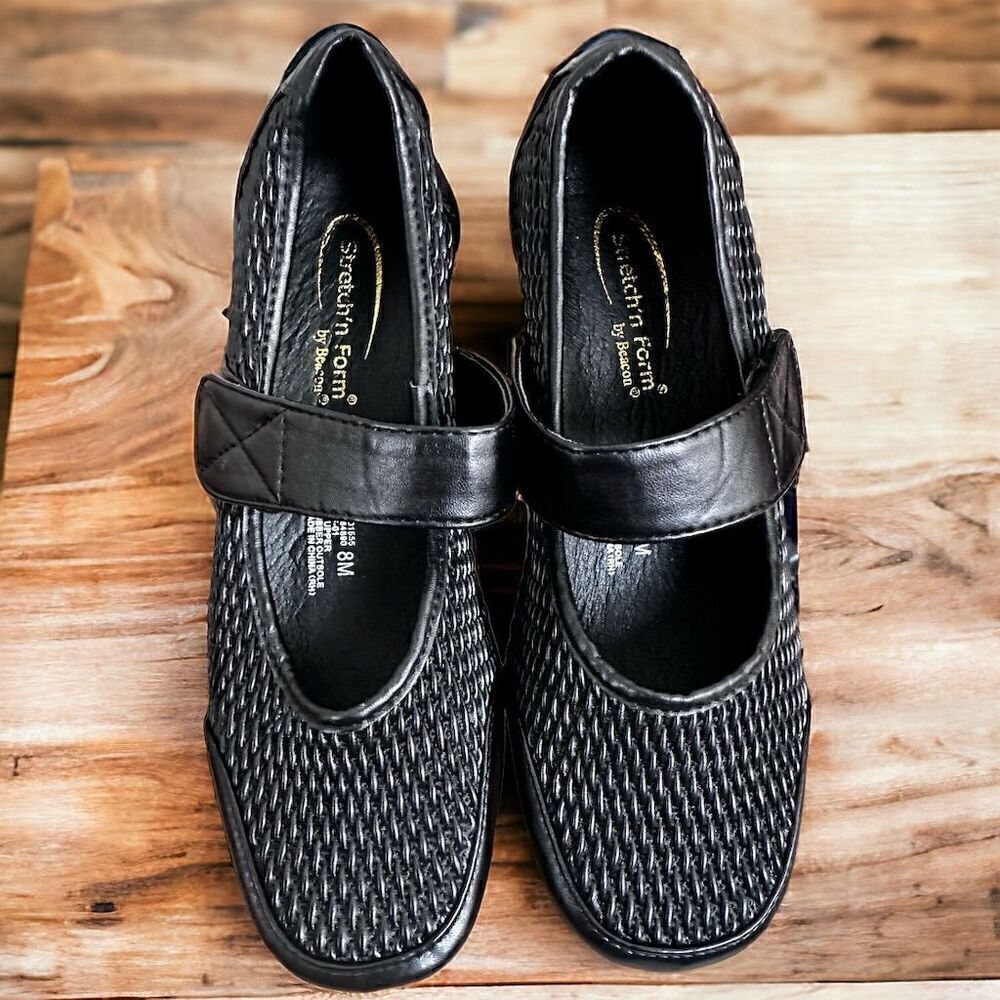 Beacon Black Stretch 'n Form Velcro Closure Mary Jane Woven Flats Shoes